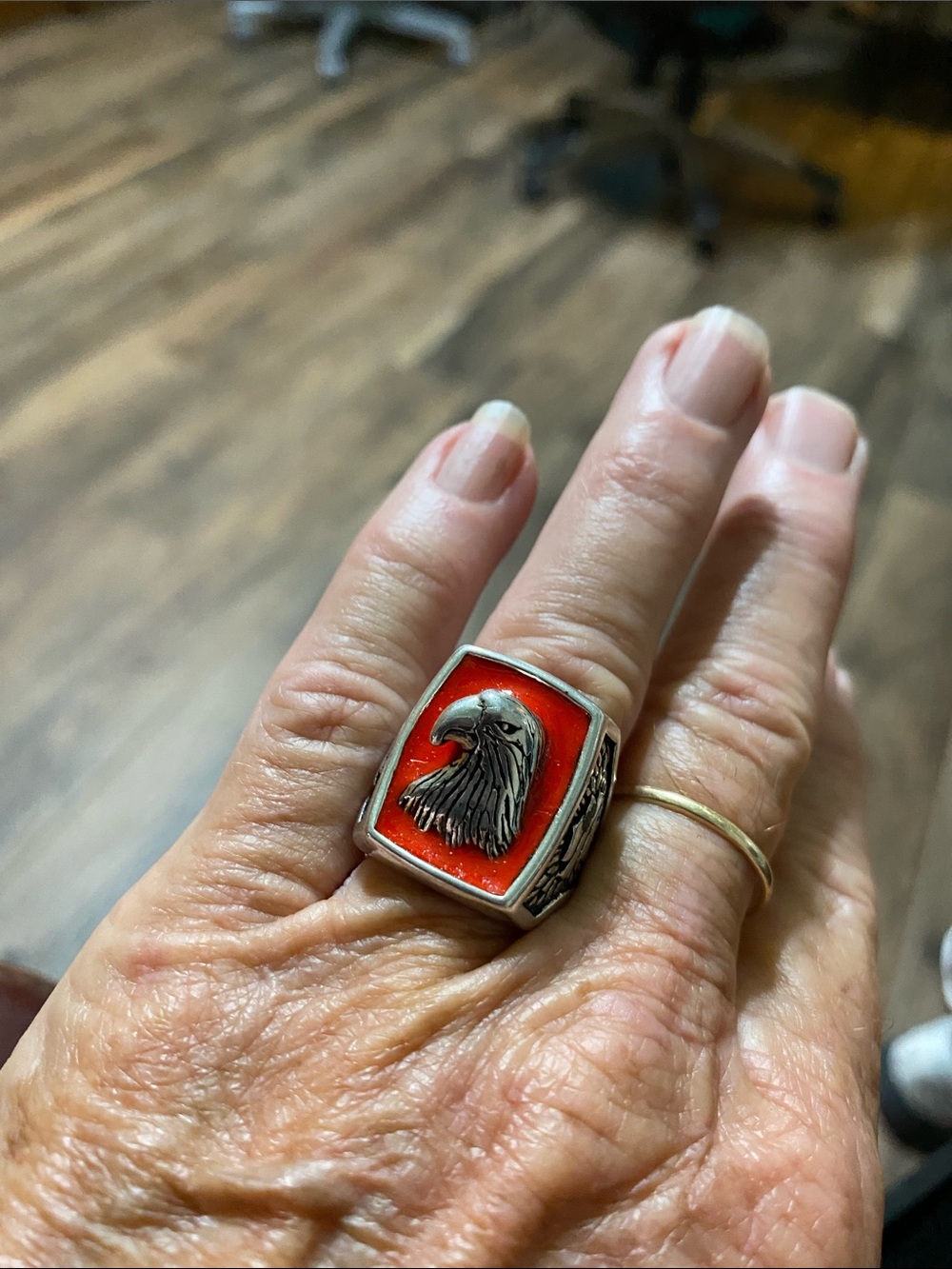 Sterling Silver Eagle Signet Ring with Red Enamel